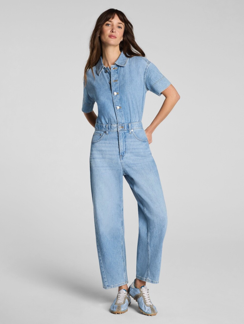 SPANX Denim Collared Short Sleeve Ankle Length Barrel Leg Jumpsuit Size Large